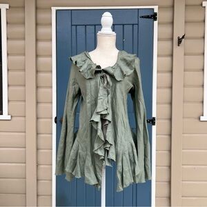 Cari Borja by Anthropology Green Ruffled Long Sleeve Top Women Size Large